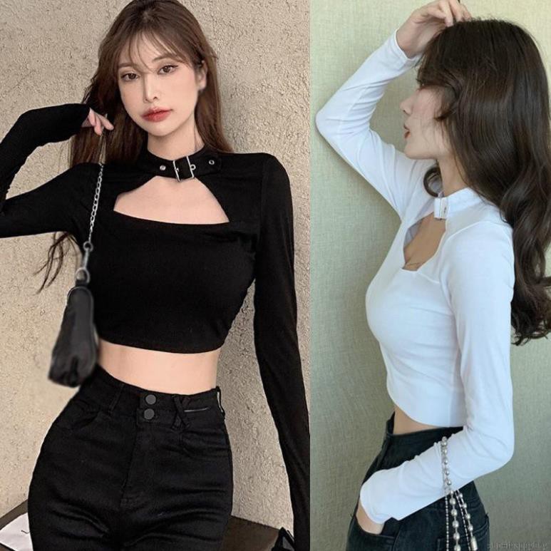 Áo Thun Croptop Tay Dài Cổ Vuông Hở Bụng Thời Trang Hàn Quốc Dành Cho Nữ ་