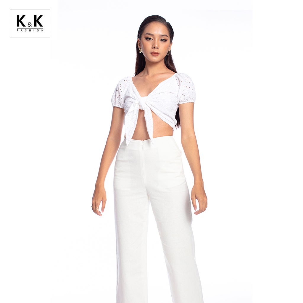 Áo Croptop Trắng Thắt Nơ Tay Phồng K&amp;K Fashion ASM06-01 Chất Liệu Xô Thêu