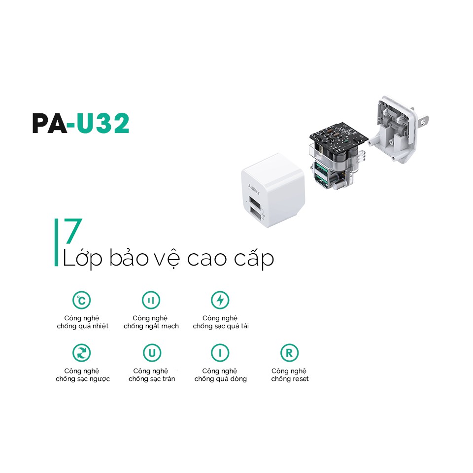 Cốc Sạc Aukey PA-U32 2 cổng 2.4A 12W Công Nghệ AiPower - BH 24T Chính Hãng