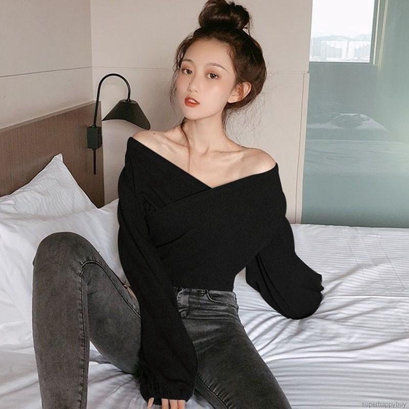 Áo kiểu tay dài thiết kế cổ chữ V quyến rũ