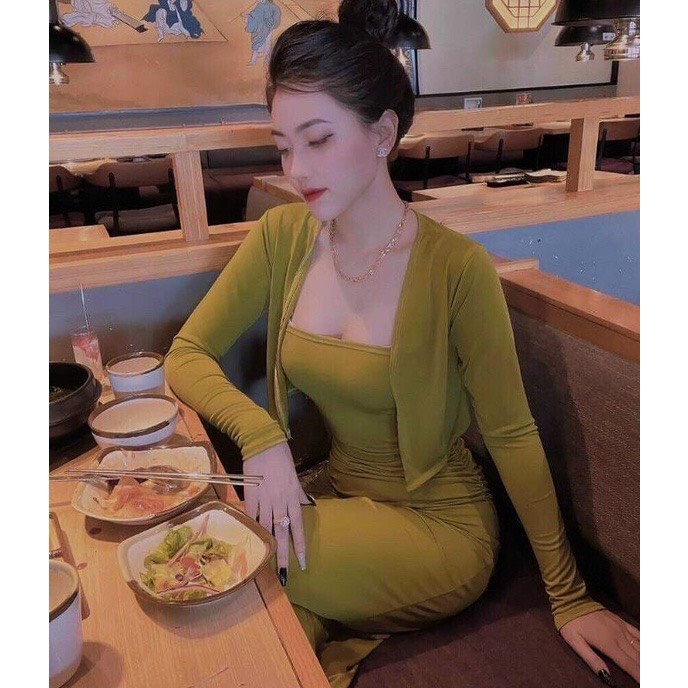 Set Váy Body Xẻ Tà Sexy Kèm Áo Khoác Cardigan Cực Tôn Dáng