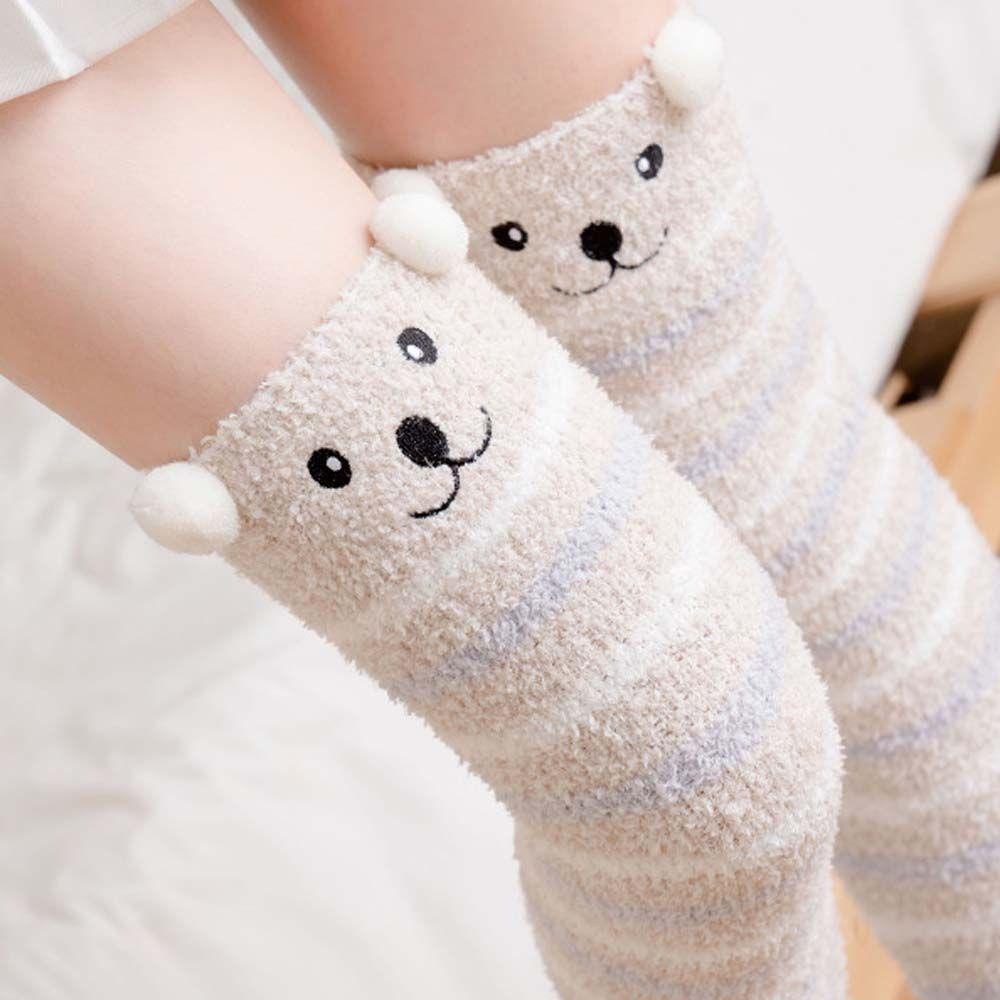 Tất Dài Đến Đầu Gối Vải Lông Cừu San Hô Họa Tiết Gấu Hoạt Hình Dễ Thương Thời Trang Thu Đông Cho Nữ