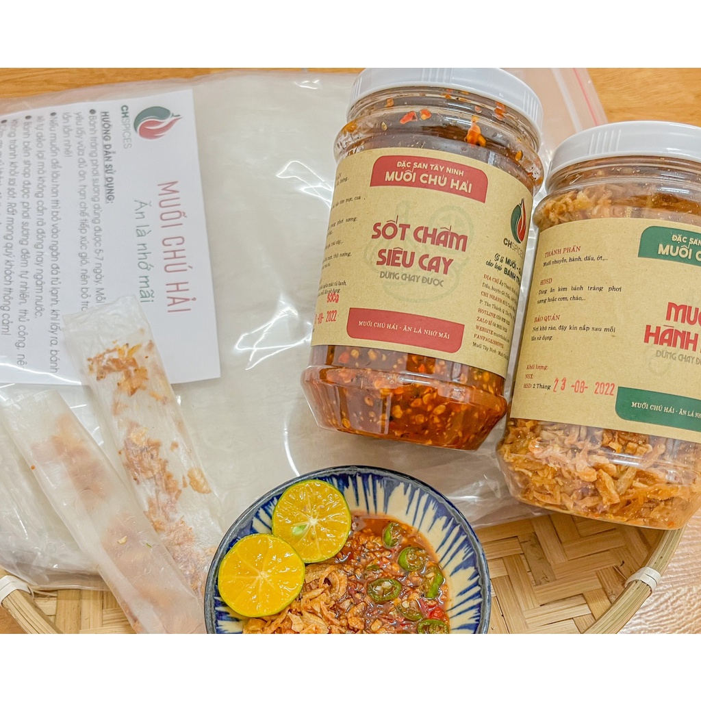 Combo muối hành phi , sốt chấm Chú Hải, bánh tráng phơi sương dẻo