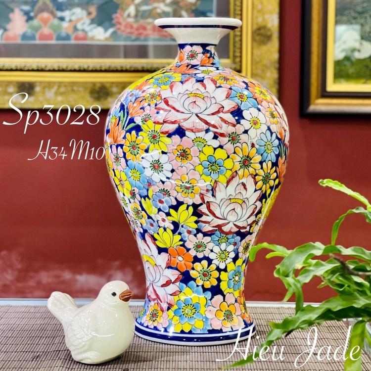 Bình hoa gốm Bát Tràng vẽ tay thủ công ngàn hoa BH02 Hieu Jade Decor