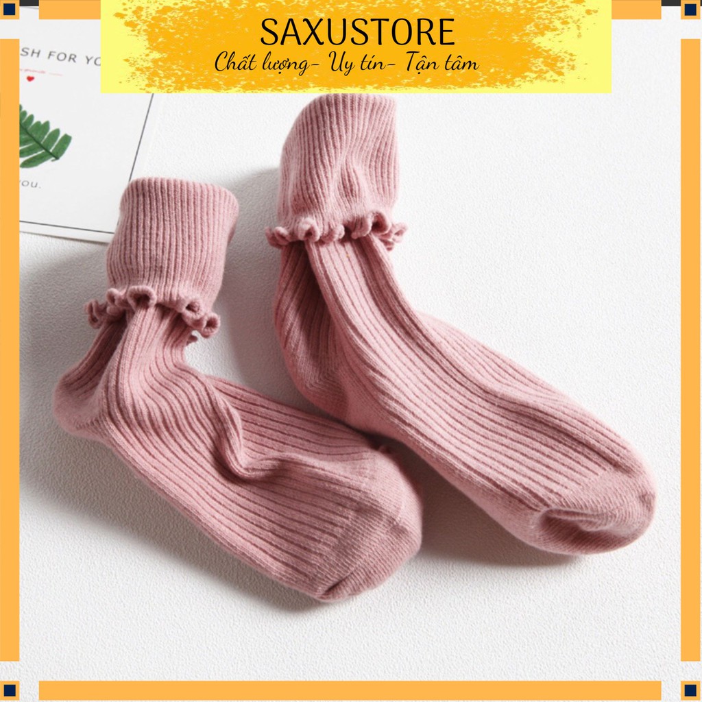 Set 4 đôi Tất bé gái ngắn cổ bèo nhún nhiều màu - vớ cho bé gái vintage 100% len cotton siêu mịn