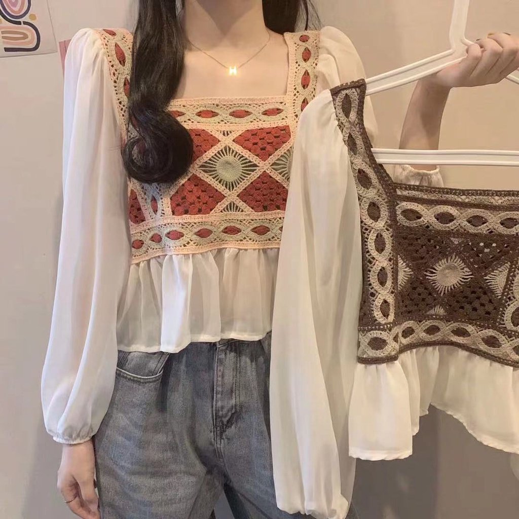 Áo voan SUXI tay dài cổ vuông thời trang dành cho nữ