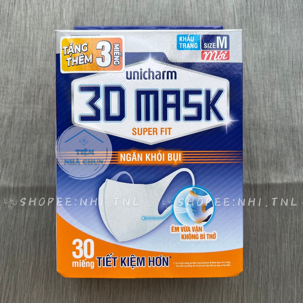 Hộp 30 miếng Khẩu trang Unicharm 3D Mask Super Fit Nhật Bản ngăn khói bụi size M