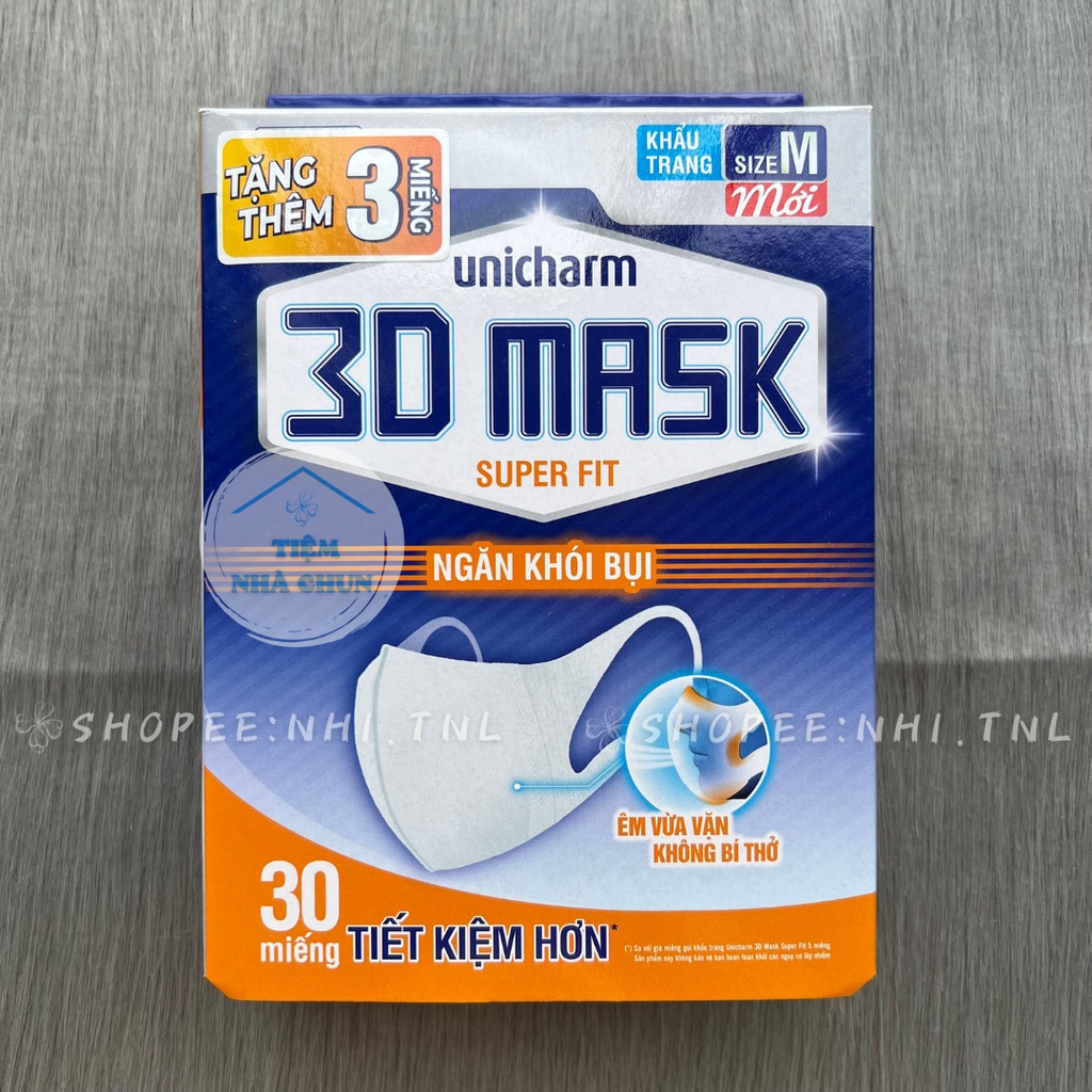 [TẶNG THÊM 3 MIẾNG] Hộp 30 miếng Khẩu trang Unicharm 3D Mask Super Fit Nhật Bản ngăn khói bụi size M