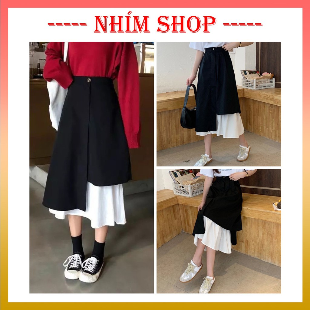 Chân váy dài, chân váy ulzzang ♥️ Chân váy vạt lệch phối đen trắng ♥️ Chân váy chữ A, chân váy xòe - NhimShop CV09