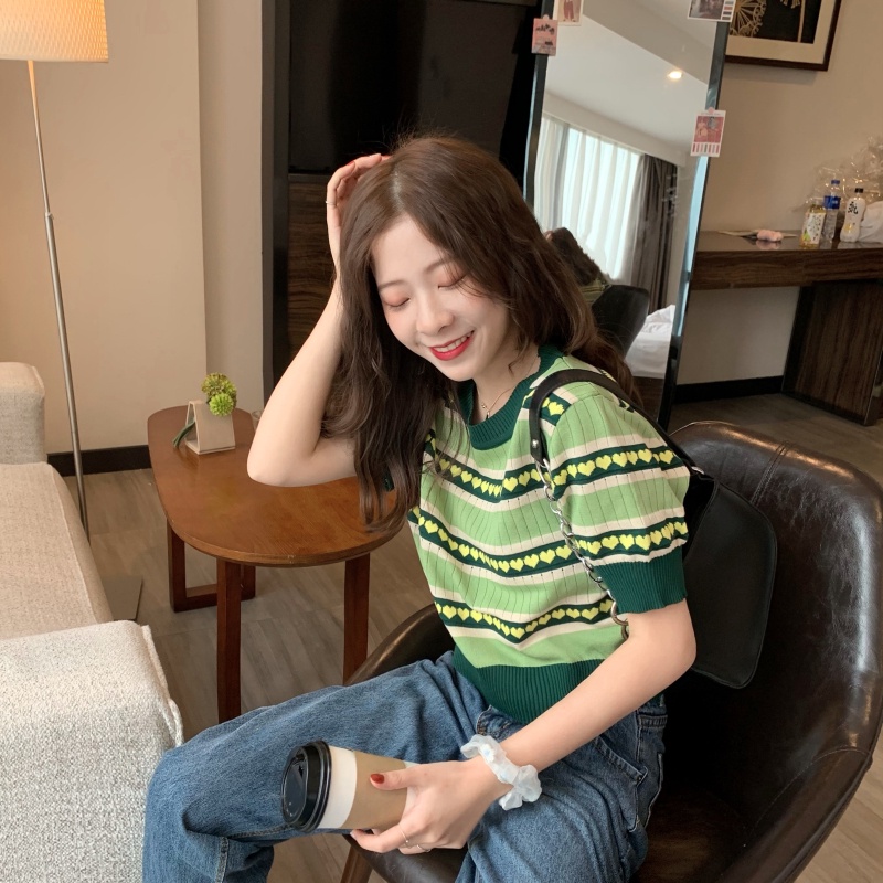 Porozi Áo  dệt kim tay ngắn cổ tròn phong cách Hàn Quốc trẻ trung cho nữ