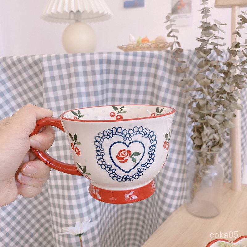 Stunner Girls*Vintage Pastoral Style Ceramic Bowl Salad Bowl Lace Japanese Ceramic Plate Red Cherry Coffee Cup