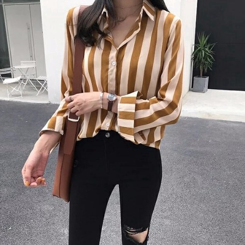 IELGY  Áo Sơ Mi Tay Dài Dáng Ôm Họa Tiết Kẻ Sọc Thời Trang Dành Cho Nữ