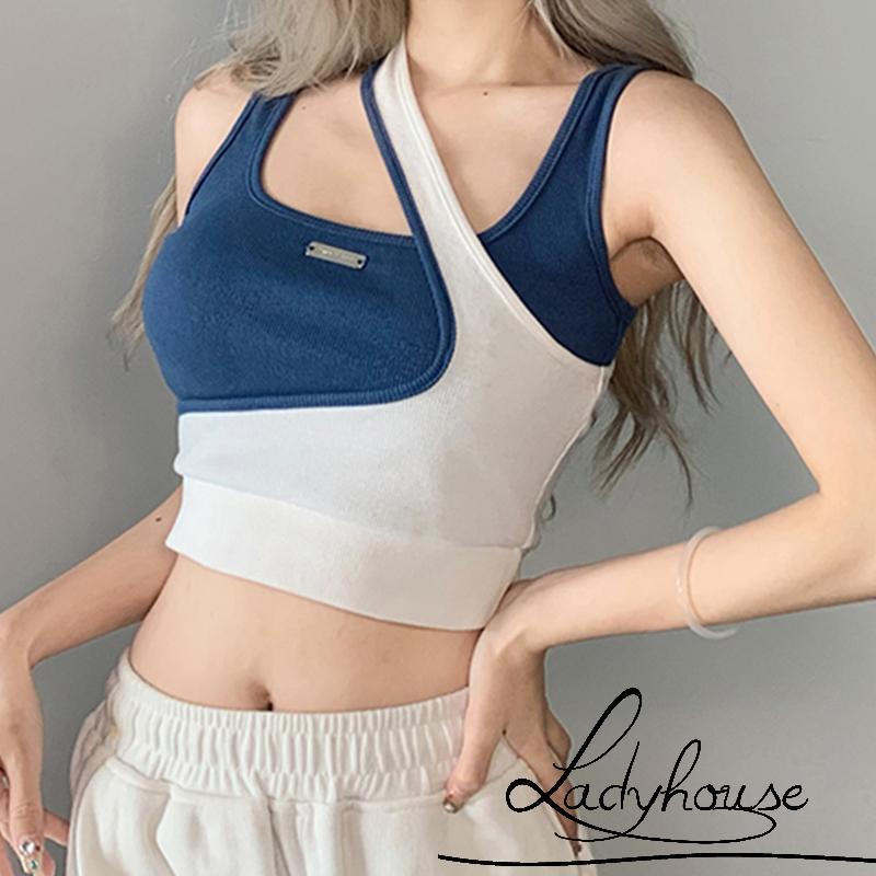 Áo Không Tay Giả Hai Lớp Màu Sắc Tương Phản Thời Trang Đường Phố Cho Nữ