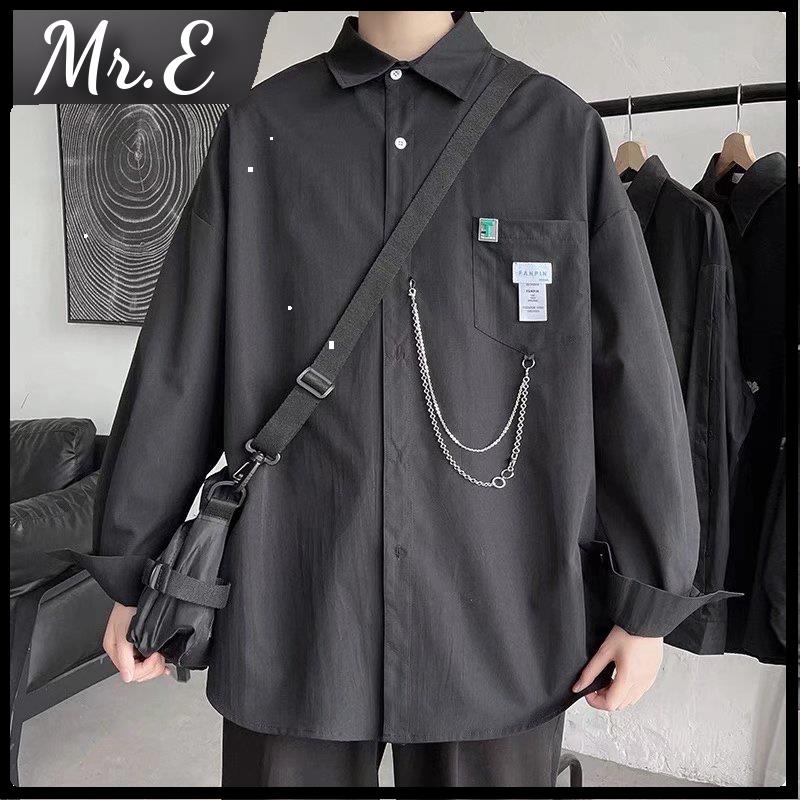 Áo sơ mi tay dài phối dây xích sắt phong cách hip hop đường phố Hàn Quốc thời trang 2022 cho nam