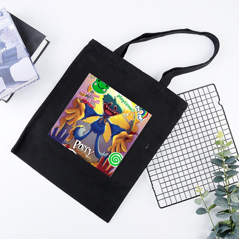 Túi tote vải đen đeo vai in hình game POPPY PLAYTIME phong cách anime chibi tiện lợi thời trang