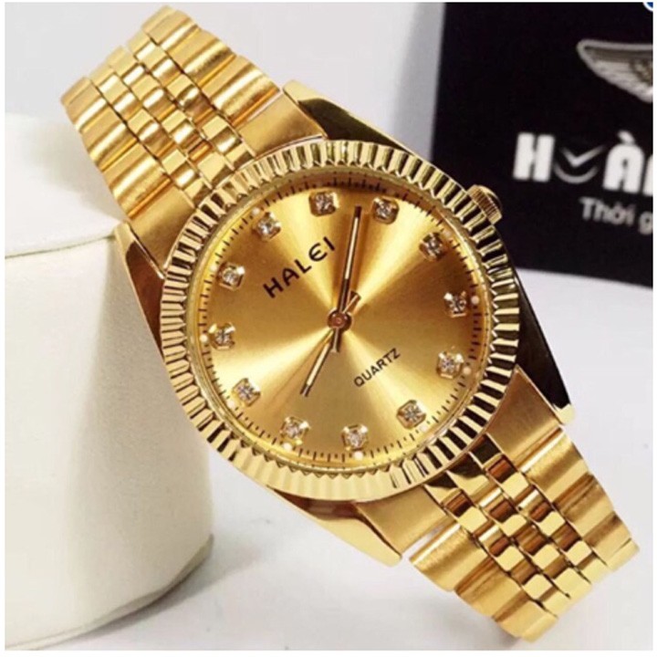 Đồng hồ Nam dây thép mạ vàng chống nước HALEI