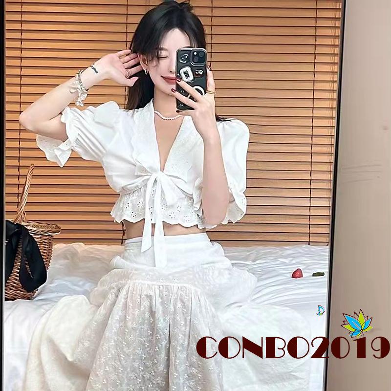 Áo Croptop Tay Phồng Cổ Chữ V Màu Trơn Thời Trang Mùa Hè Cho Nữ