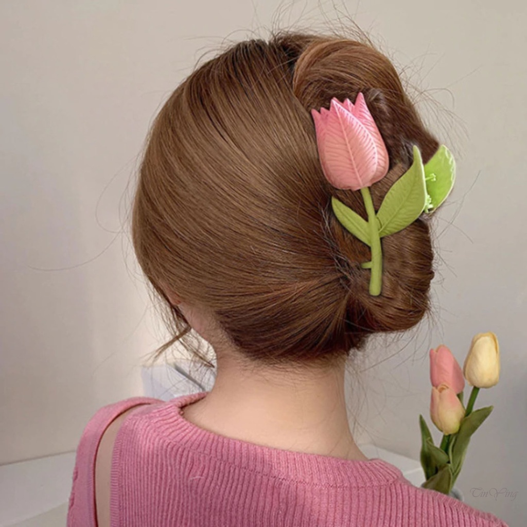 GETNOIVAS Kẹp Tóc Hợp Kim Dày Dặn Hình Hoa Tulip Hồng Chống Trượt Thời Trang Cho Nữ