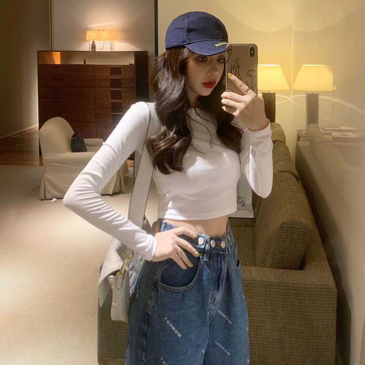 Áo croptop tay dài cổ tròn kiểu dáng đơn giản thời trang cá tính cho nữ