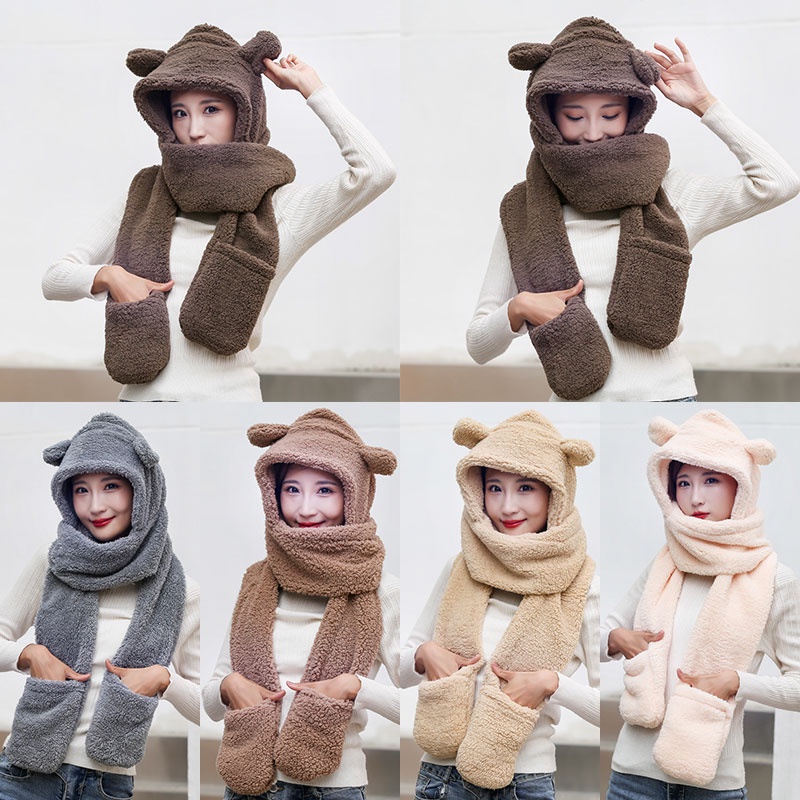 Set Găng Tay + Găng Tay + Mũ Tai Gấu Phối Lông Mềm Mại Giữ Ấm Mùa Đông
