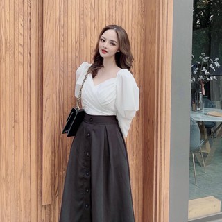 SET ÁO TAY PHỒNG  VÁY NÚT