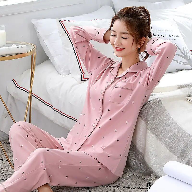 đồ ngủ✚♦100% Cao -end pyjama phụ nữ mùa xuân và thu dài tay cho người trung niên tuổi cộng với kích thước mặc nhà