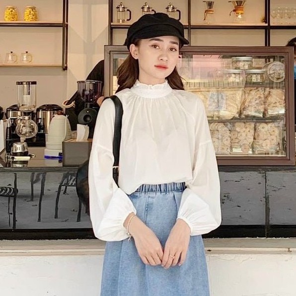 Áo Kiểu Babydoll Cổ Tròn Bo Bèo Ba Phân Hai Tay Bồng Mặc Hai Kiểu - A.120