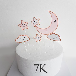 Set 2 thẻ trăng sao mây hồng trang trí bánh kem