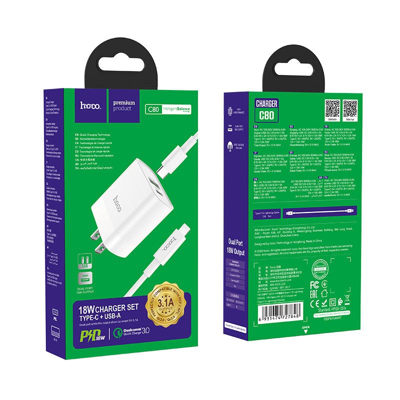 ⚡Mới⚡ Bộ Sạc Nhanh IP.hone 13 12 11 Promax Siêu Tốc cao cấp Hoco C80/C80A cáp PD 20W 2 cổng sạc USB Type-C Ligthting