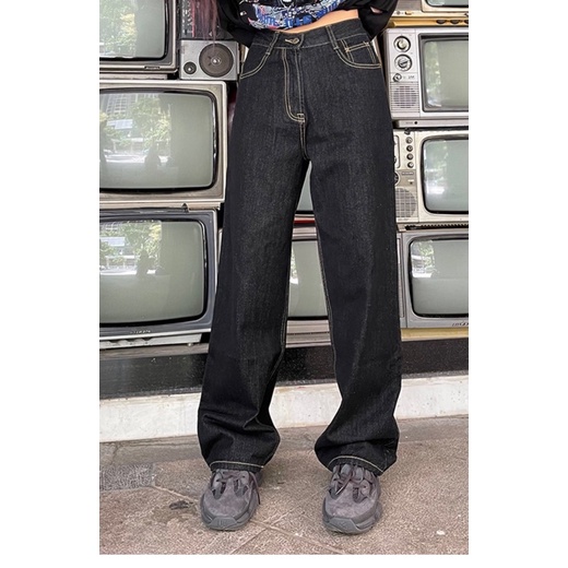 Varvet Quần Jeans Đen Ống Rộng Basic Phong Cách Thoải Mái Trendy Cá Tính Cạp Cao