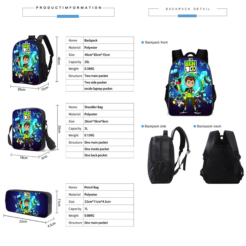 Set 3 Ba Lô + Túi Đựng Bút In Họa Tiết Hoạt Hình Ben 10 3d Cho Bé