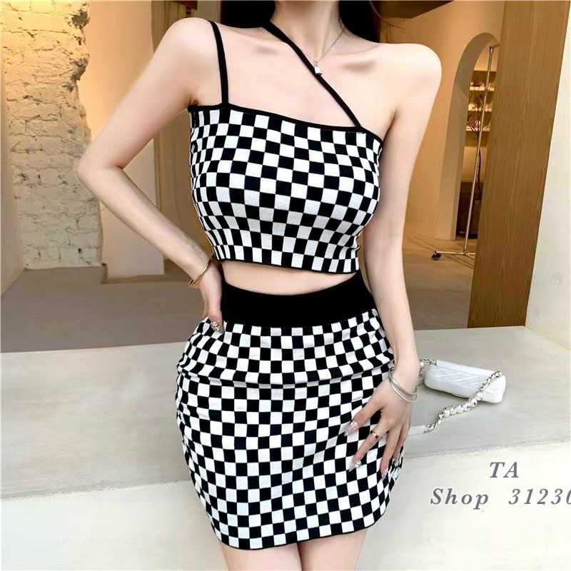 Set Váy Len Kẻ Ô Chéo Dây Ngực Mix Chân Váy A Ngắn Cá Tính V061