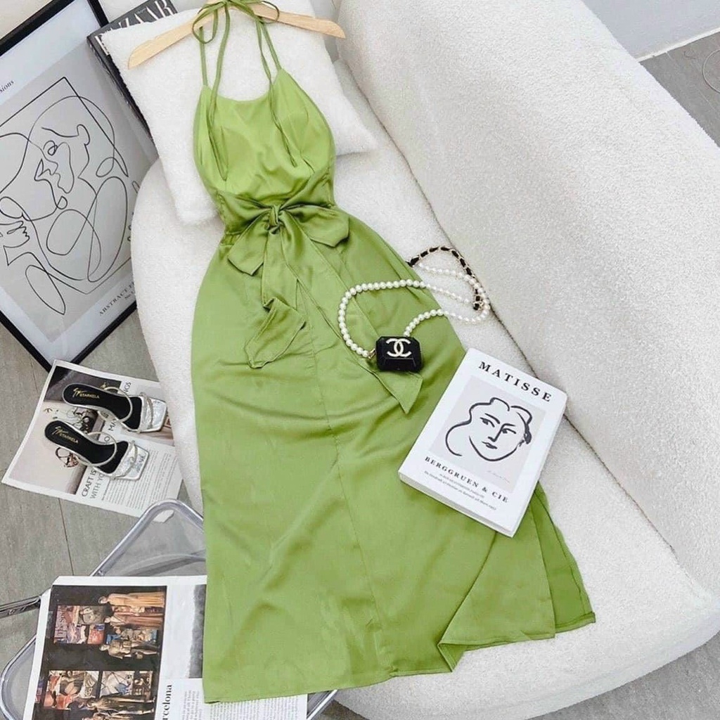 Đầm midi xanh cổ yếm cột nơ lưng sexy, tôn dáng - PU STORE