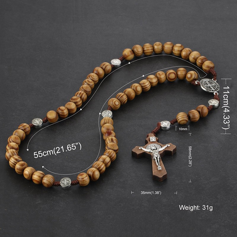 Religious Catholic Jesus Cross Pendant Wooden Beaded Chains Rosary Necklaces
