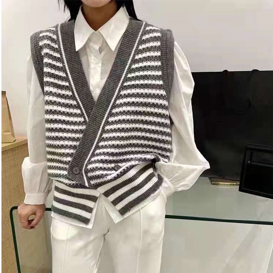 Áo Cardigan dệt kim không tay cổ chữ v form rộng họa tiết kẻ sọc phong cách retro | BigBuy360 - bigbuy360.vn