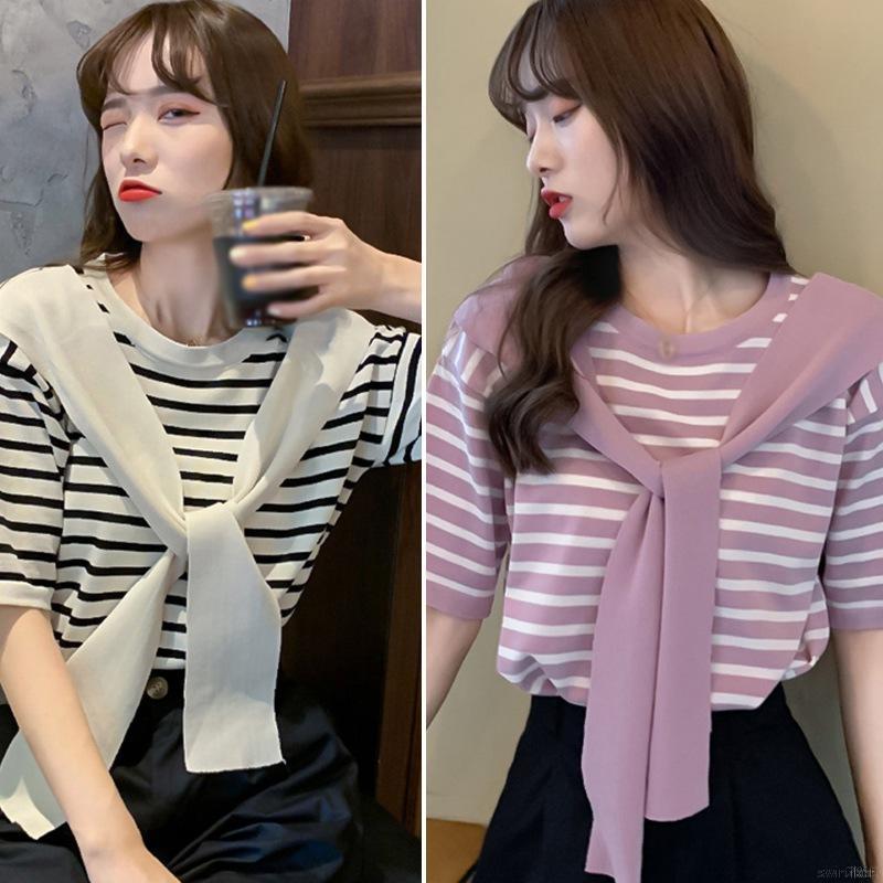 Áo Thun Nữ Tay Ngắn Kẻ Sọc Giả Hai Lớp