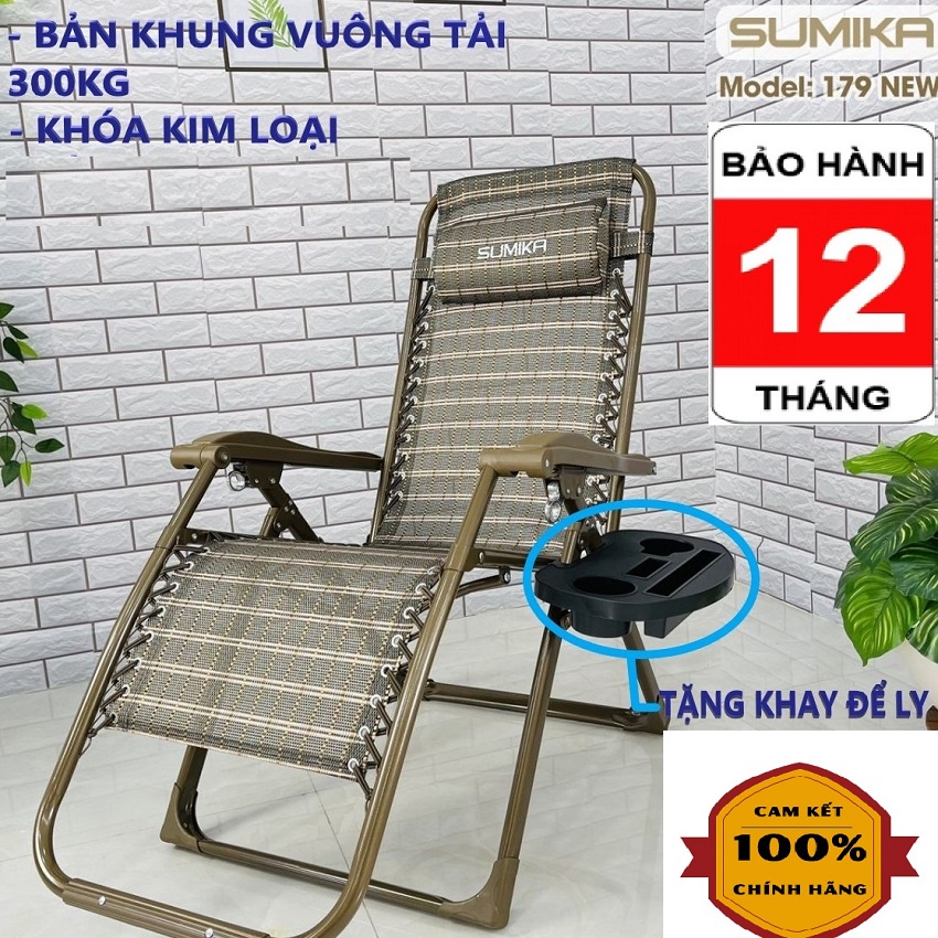 Ghế xếp thư giãn SUMIKA 179A - 179 NEW Lưới Vàng Tải 200kg - 300kg - KHÓA KIM LOẠI - Tặng Khay Để Ly