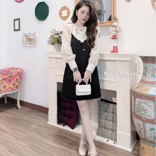 váy suông dài tay nơ cổ đính 3 khuy tiểu thư sang chảnh