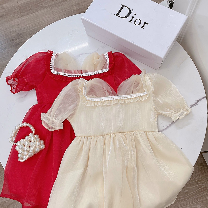 Váy Cộc Tay Bèo Cổ Ren Vải Tơ Óng Ánh Dễ Thương Cho Bé Từ 7-19kg Mã V23