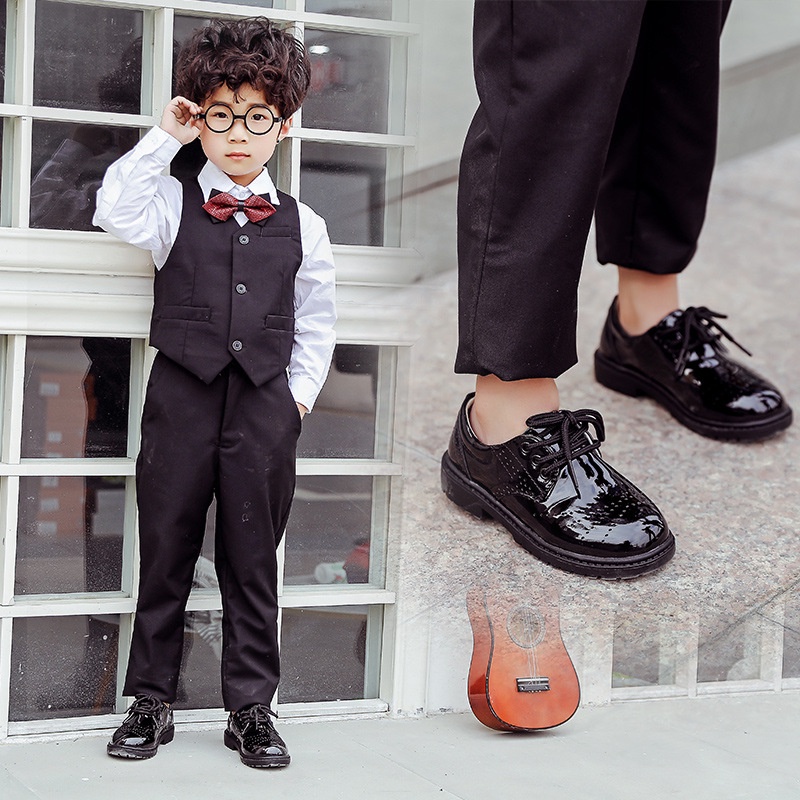 Giày da màu đen trọng lượng nhẹ phong cách Anh Quốc thời trang cho bé trai 1 - 12 tuổi