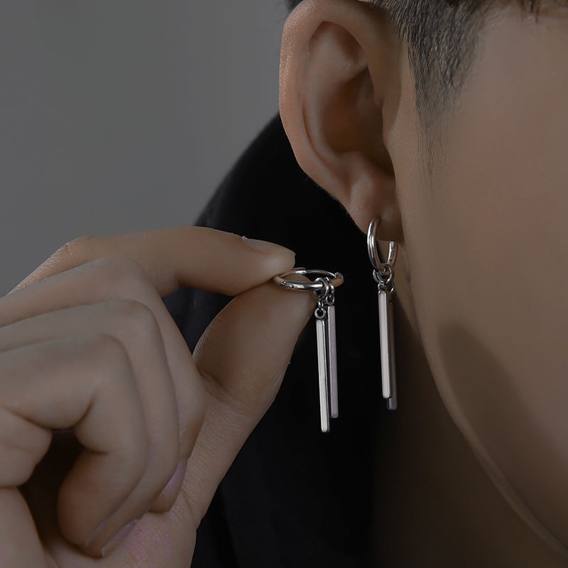 Khuyên Tai Nam Dài Tua Rua Thanh Dài Unisex Ken Màu Bạc Đẹp Cá Tính Chất - Hoa Tai Thời Trang Kuu Titan- HT Ken