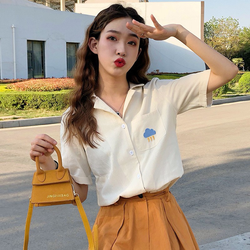 Áo sơ mi cotton tay ngắn hoạ tiết thêu thời trang mùa hè cho phái nữ