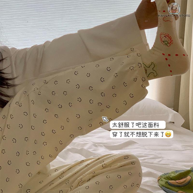 Quần ngủ cotton phối nhung dày dáng rộng in hình mặt cười dễ thương thời trang thu đông cho nữ
