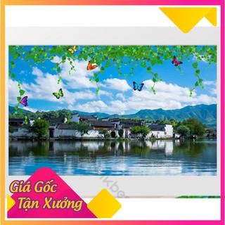 Tranh dán tường phong cảnh hồ nước và núi non