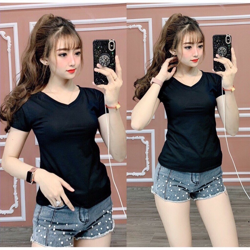 Áo thun nữ cổ tim trơn form ôm body cực tôn dáng ( ANU007 )