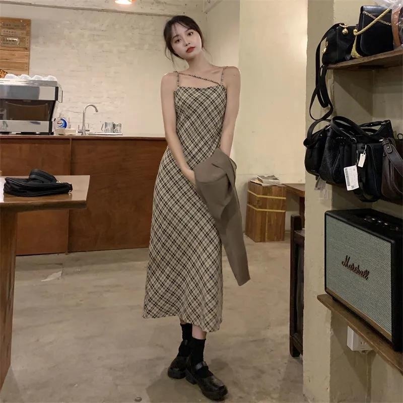 Set Áo Khoác Và Đầm Hai Dây Họa Tiết Sọc Caro Phong Cách Pháp Cổ Điển Thời Trang Mới