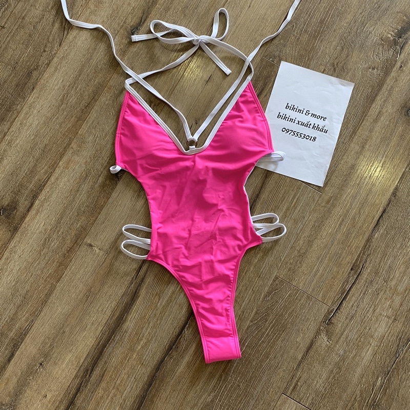 [BKN1351] &lt;ÂU&gt; BODYSUIT HỒNG DÂY TRẮNG CUTOUT QUẦN THONG/LỌT KHE