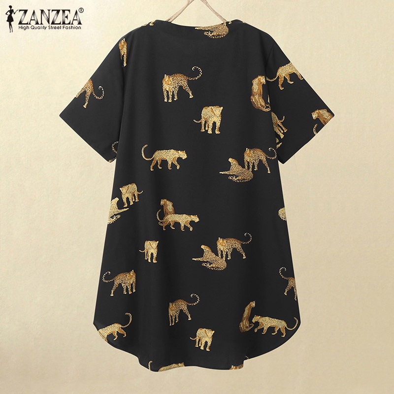 ZANZEA Đầm Tay Ngắn Cổ Tròn Cài Nút Trước Họa Tiết Động Vật Thời Trang Cho Nữ