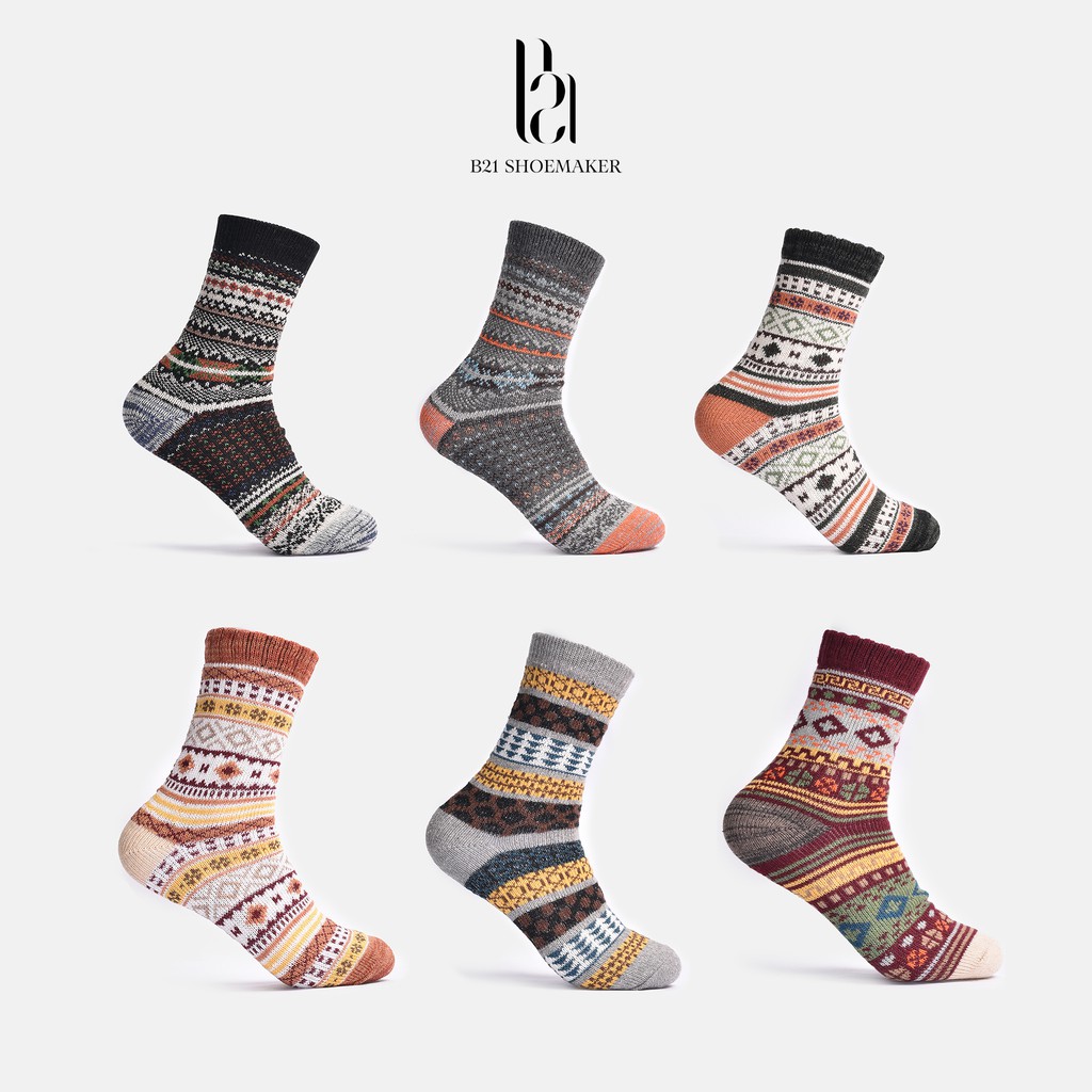Tất Thổ Cẩm Cổ Cao Dày Dặn B21 Shoemaker Nam Nữ Tất Vớ Cao Cấp Vải Len  Loại 1 Thấm Hút Chống Hôi Chân Cổ Điển Vintage