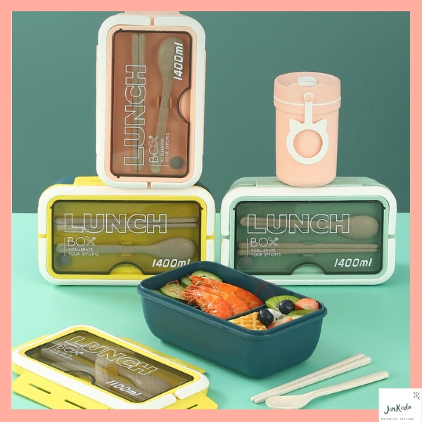 Hộp cơm Bento văn phòng giữ nhiệt 3 ngăn dung tích 1400ml, tặng kèm đũa thìa